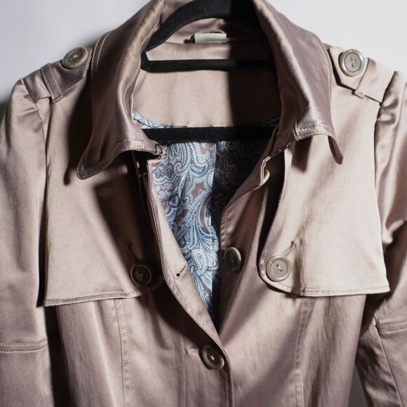 Georgiou Studio Tan Metallic Trench Coat Jacket Womens 8 Y2K Pockets Glam - Picture 3 of 9